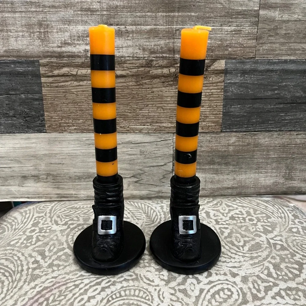 Halloween Witch Leg Taper Candles Orange Black Striped Boot Base Set of 2